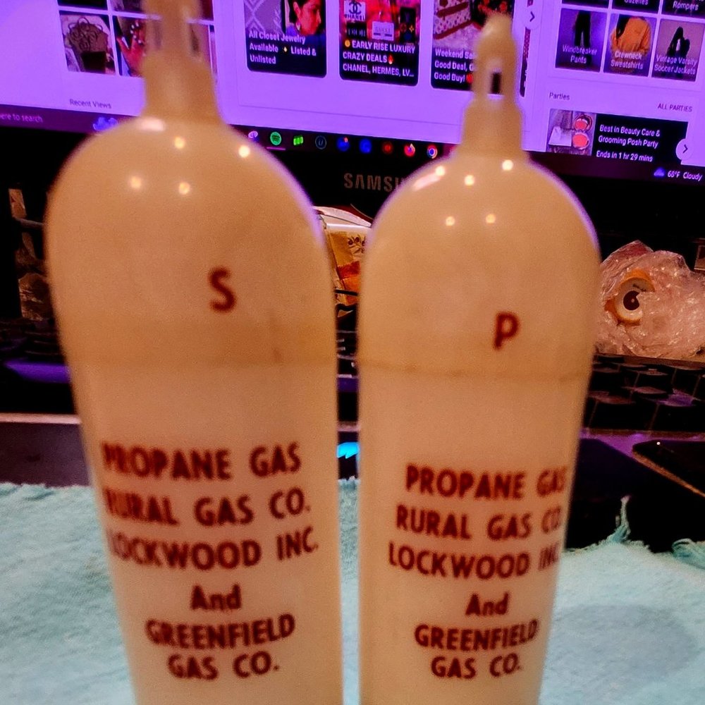 Vintage very unique / rare propane Gas White salt and pepper shakers